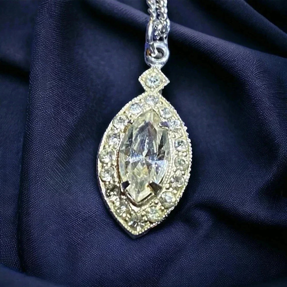 Vintage Jewelry - Vintage Rhinestone CZ Marquis Silver Tone Necklace and Pendant